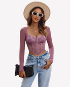 Mauve lace long-sleeve sheer crop top with corset-style front zipper
