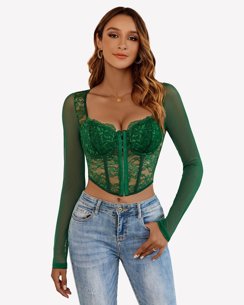 Green lace long-sleeve crop top with corset fit and front zipper