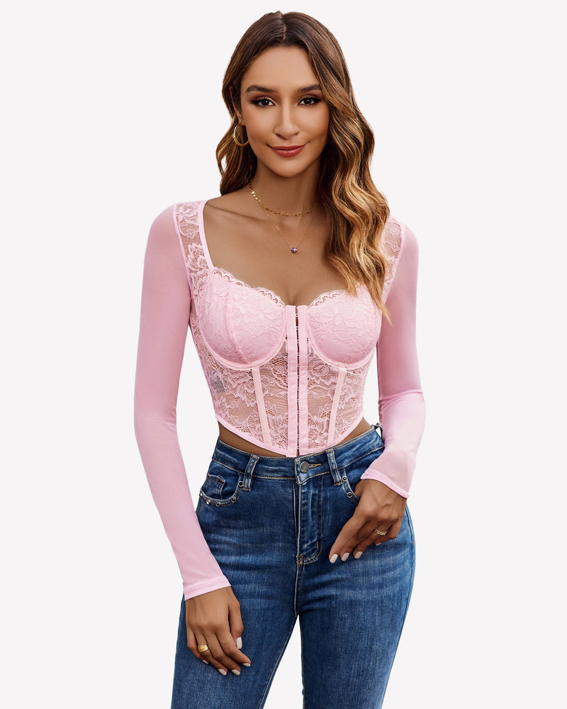 Pink lace corset long-sleeve crop top with sweetheart neckline and zipper
