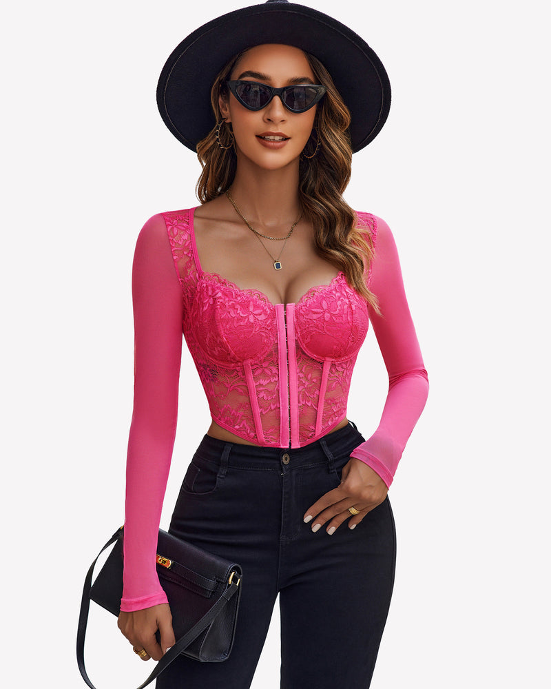Rose red lace long-sleeve crop top with corset seams and front zipper
