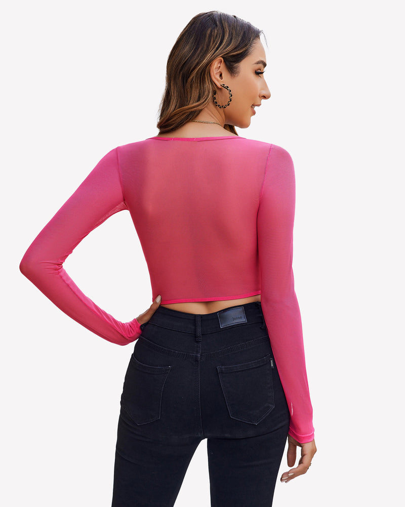 Rose red sheer long-sleeve crop top with back view