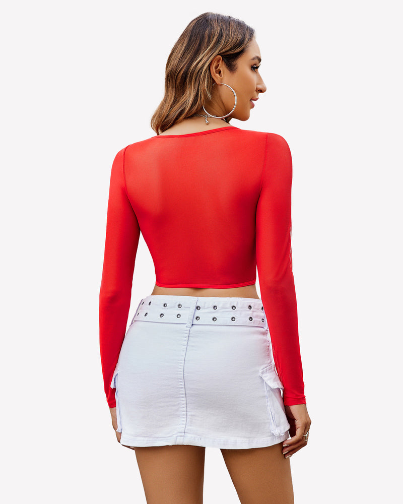 Red lace long-sleeve sheer crop top, back view