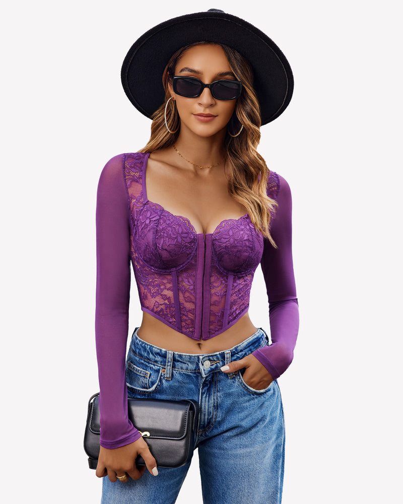 Purple lace long-sleeve sheer crop top with sweetheart neckline and corset detailing