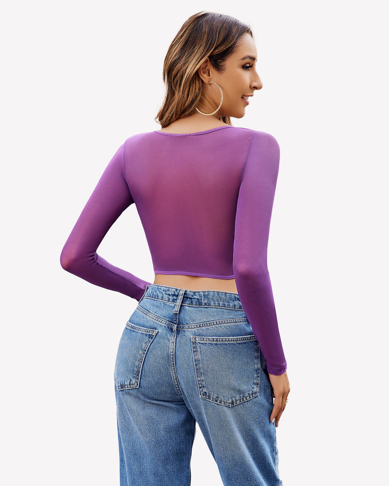 Purple sheer long-sleeve crop top, back view