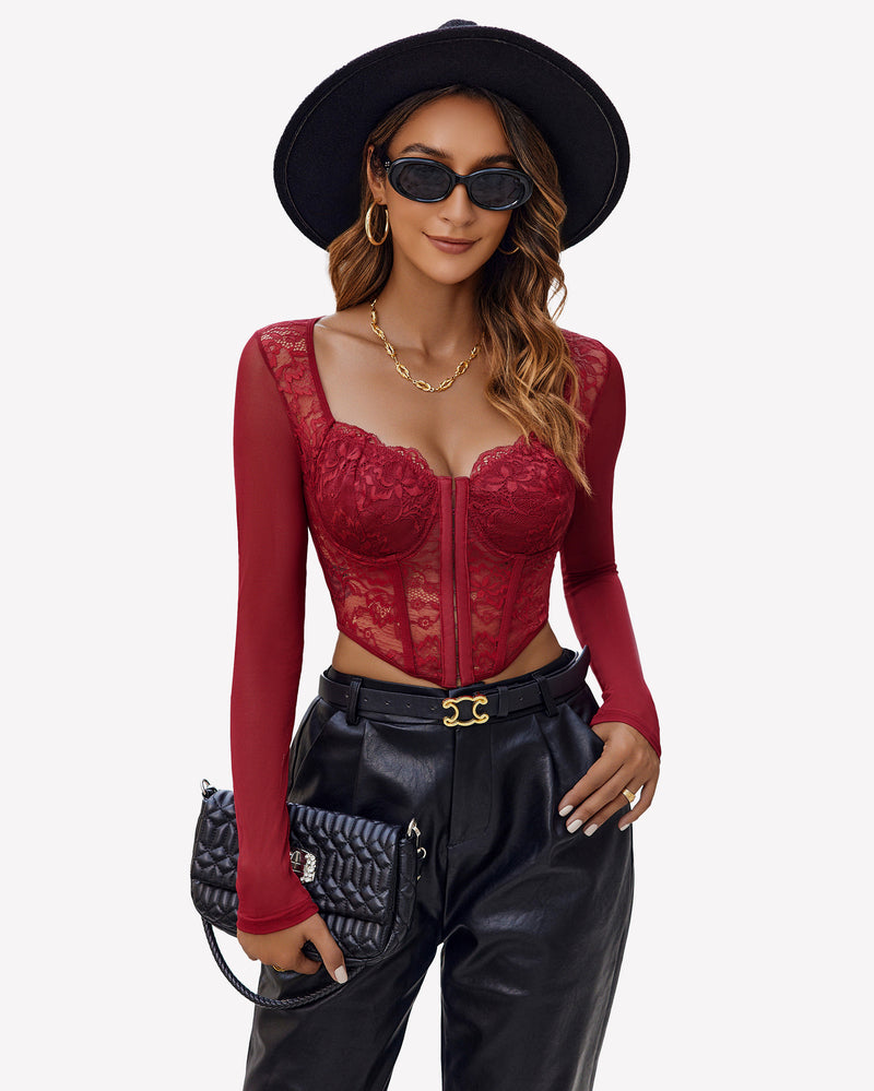 Red lace long-sleeve sheer crop top with sweetheart neckline and front corset seams