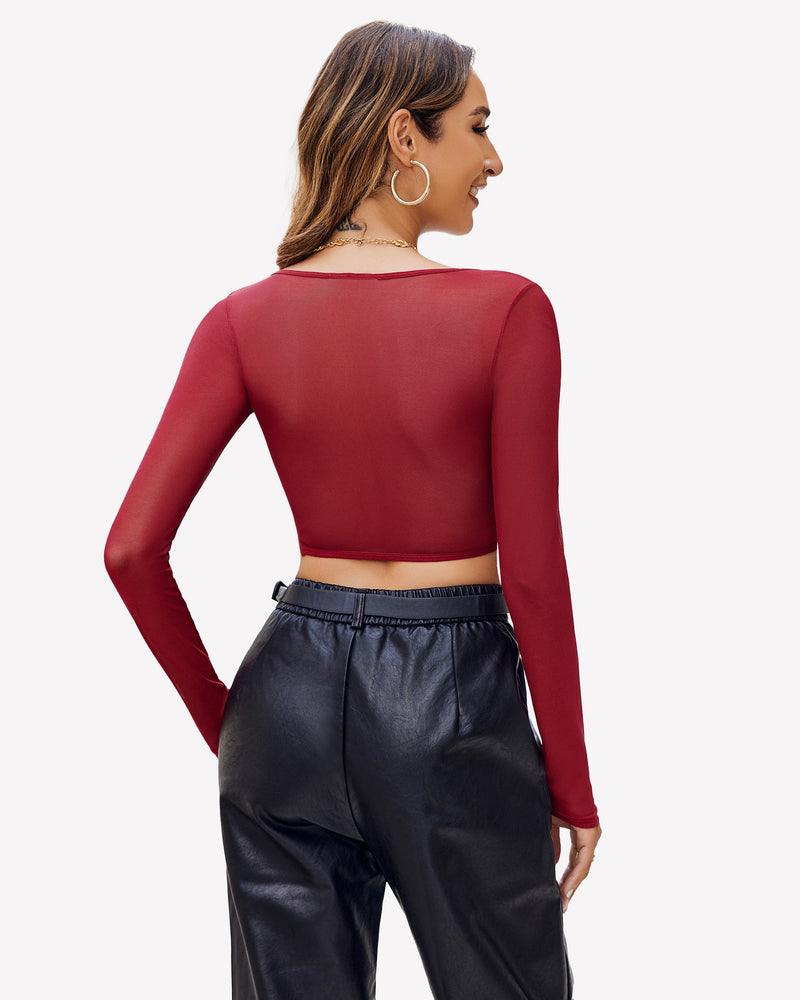 Red sheer long-sleeve crop top, back view
