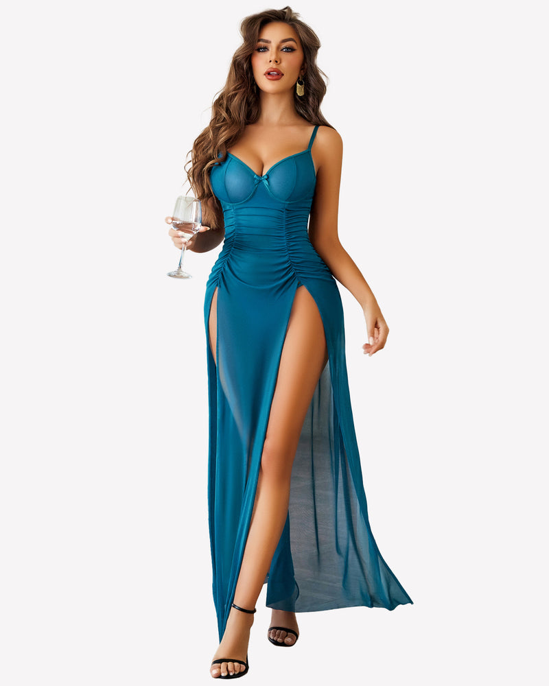 Teal mesh slit dress with underwire, sweetheart neckline, spaghetti straps, front view