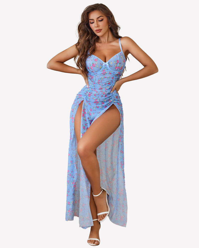 Floral mesh slip dress with spaghetti straps, sweetheart neckline, side slit skirt