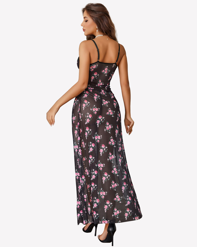 Floral mesh slit dress with underwire, spaghetti straps, open back, pleated skirt detail