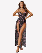 Floral mesh slit dress with underwire, sweetheart neckline, spaghetti straps, side front view