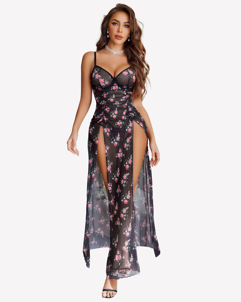 Floral mesh slit dress with underwire, sweetheart neckline, spaghetti straps, front view