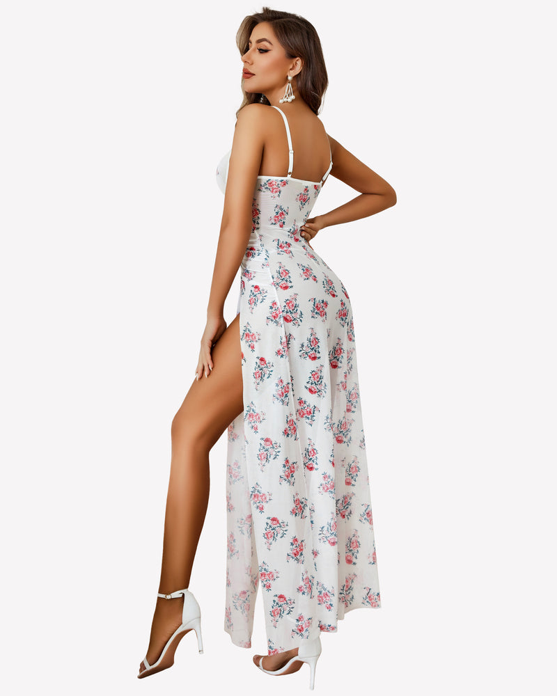 Floral mesh slip dress with spaghetti straps, open-back fit, pleated A-line skirt