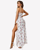 Floral mesh slip dress with spaghetti straps, open-back fit, pleated A-line skirt