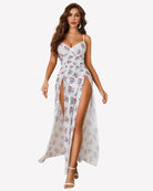 White floral mesh slit dress with underwire, sweetheart neckline, spaghetti straps, front view