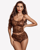 Brown sheer mesh bralette and high-waist shorts set, lace floral pattern