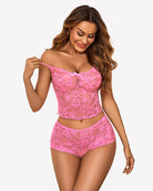Sheer mesh bralette set with lace shorts, bright pink with tie-front detail