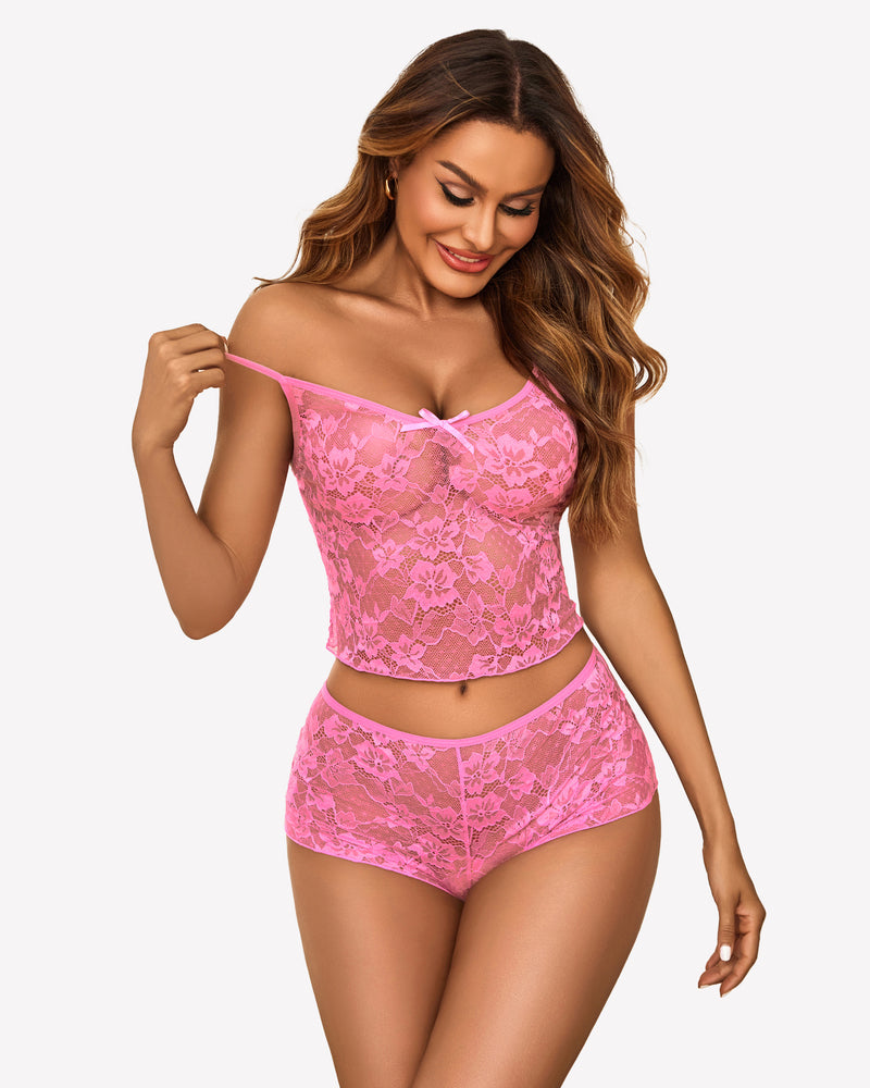Sheer mesh bralette set with lace shorts, bright pink with tie-front detail
