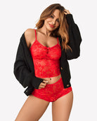 Sheer mesh bralette set with lace shorts, red lace with spaghetti straps
