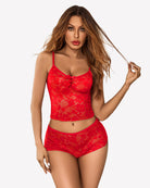 Sheer mesh bralette set with lace shorts, red with tie-front detail