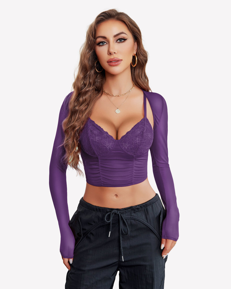 Mesh crop top two-piece set with lace underwire cups and sheer long sleeves, purple