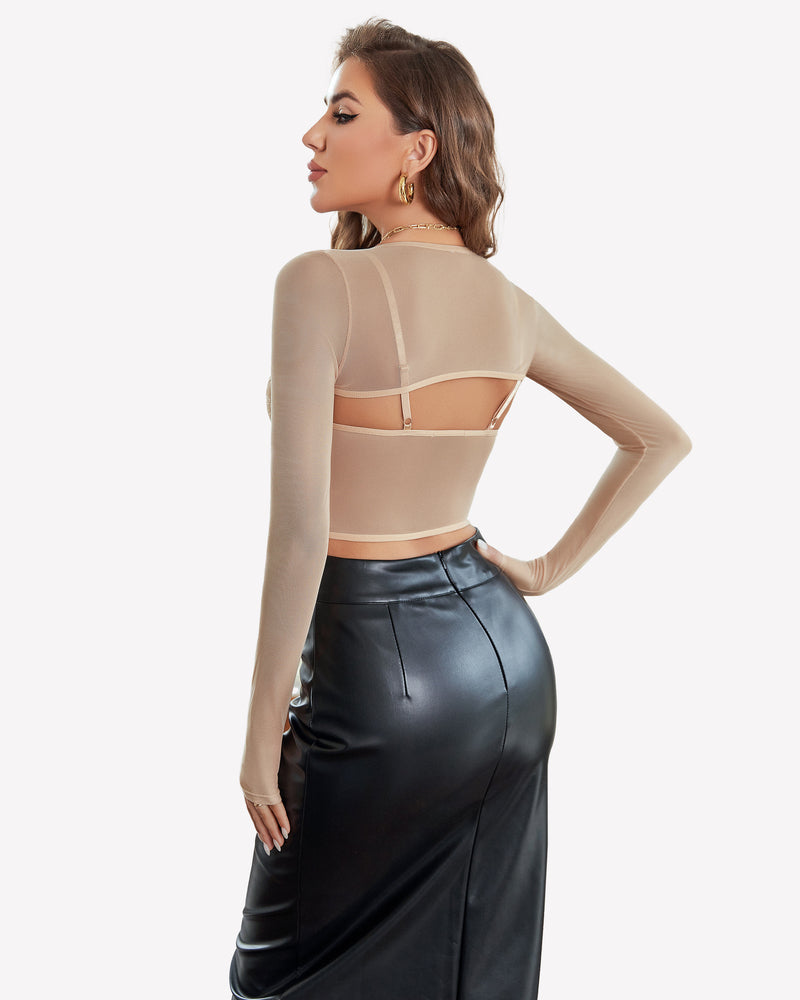 Mesh crop top two-piece set with sheer long sleeves and strappy open back, light tan