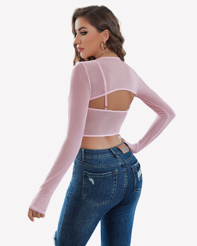 Mesh crop top two-piece set with sheer long sleeves and strappy open back, light pink