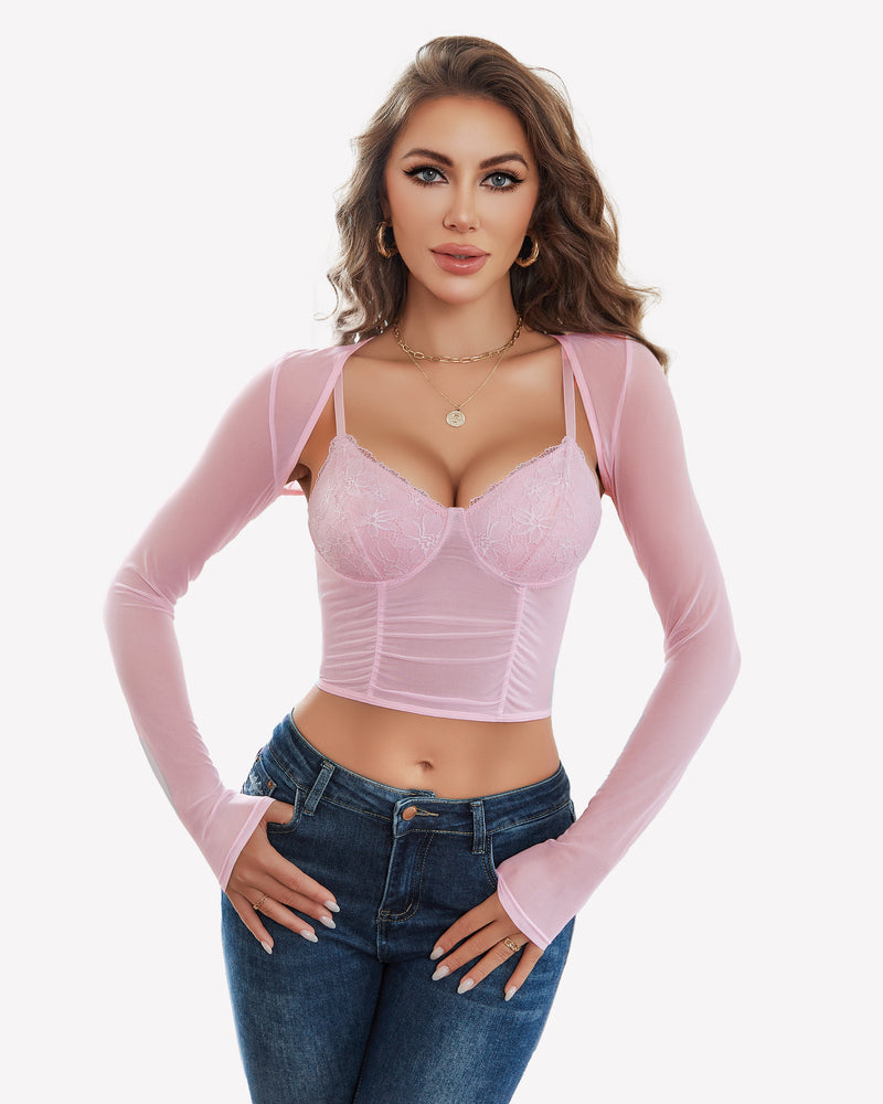 Mesh crop top two-piece set with lace underwire cups and sheer long sleeves, light pink