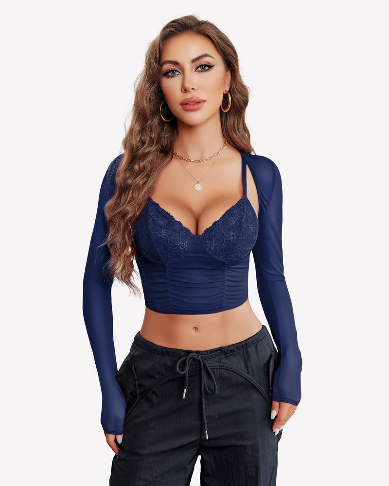 Navy mesh crop top with lace cups and ruched bust, sheer sleeves, black drawstring shorts