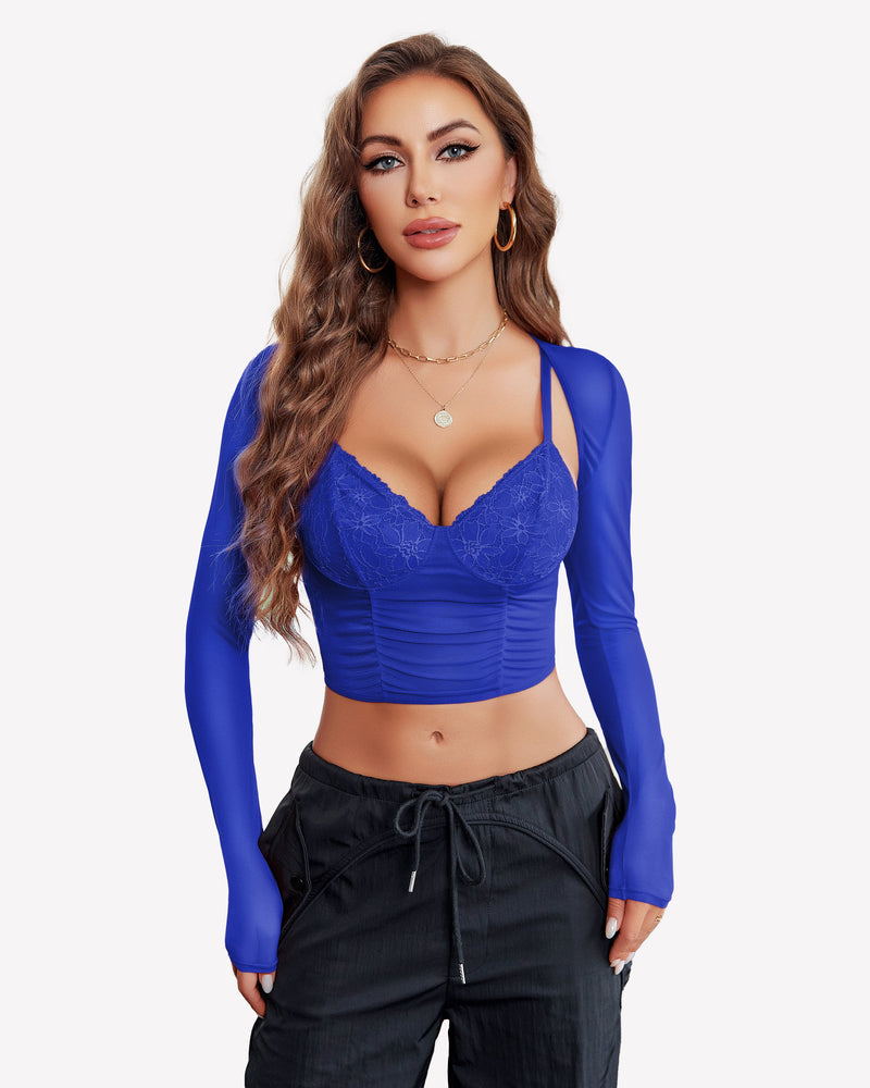 Mesh crop top two-piece set with lace underwire cups and sheer long sleeves, royal blue