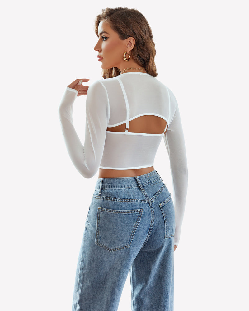 Mesh crop top two-piece set with sheer long sleeves and strappy open back, white