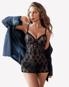 Black lace mesh babydoll nightwear with underwire cups and tie-side skirt