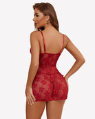 Red lace mesh chemise with open-back straps and fitted side hem ties