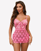 Pink lace mesh chemise with underwire cups, lace-up center, and tie hem