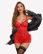 Red lace mesh chemise with underwire cups and tie-front lace panel