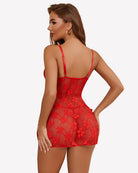 Red lace mesh chemise with open-back straps and side hem tie detail