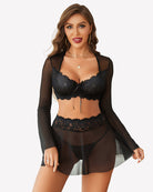 Black lace mesh lingerie set with underwire bra, long-sleeve mesh top, and short skirt.