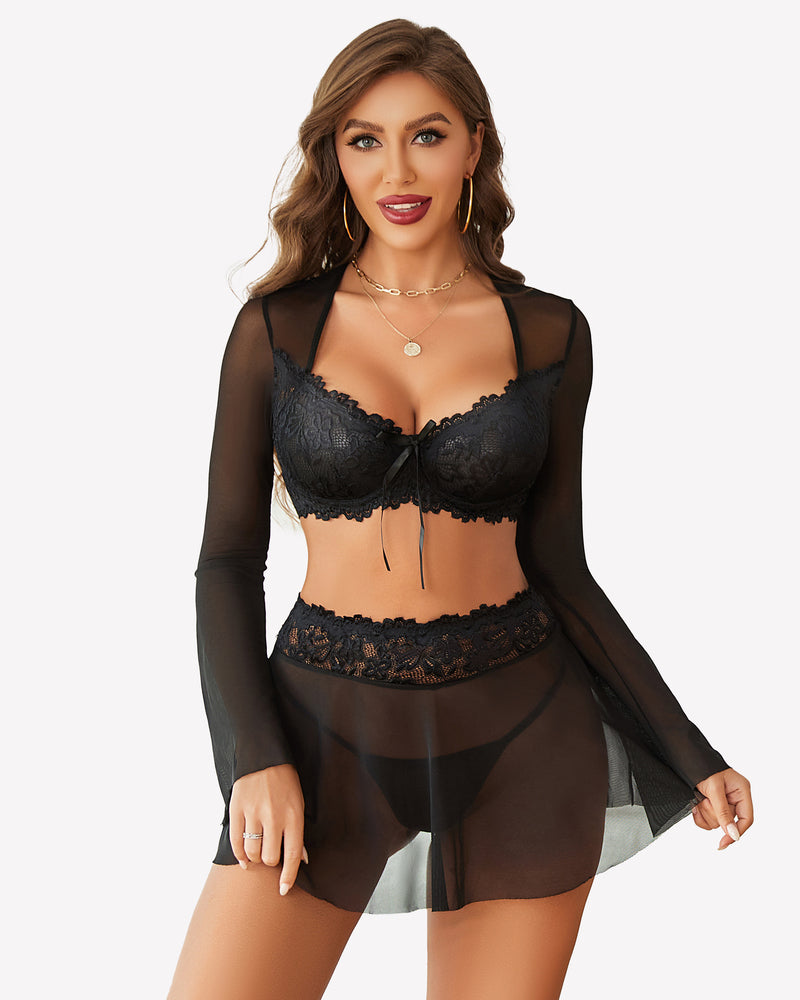 Black lace mesh lingerie set with underwire bra, long-sleeve mesh top, and short skirt.