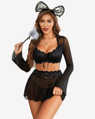 Black lace mesh lingerie set with underwire bra, long-sleeve mesh sleeves, and short skirt.
