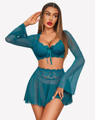 Blue green lace mesh lingerie set with underwire bra, long-sleeve mesh top, and short skirt.