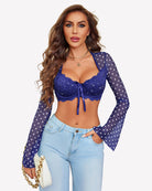 Blue polka-dot mesh lingerie with lace underwire bra and long sleeves.
