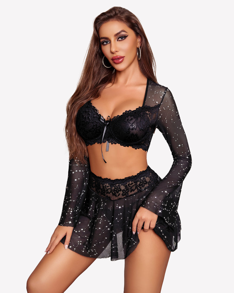 Black lace mesh lingerie set with star-print long sleeves, underwire bra, and short skirt.