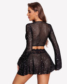Black star-pattern mesh lingerie set with lace-trim long sleeves and short skirt
