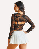 Black lace cami top with back cutout and long sheer shrug sleeves