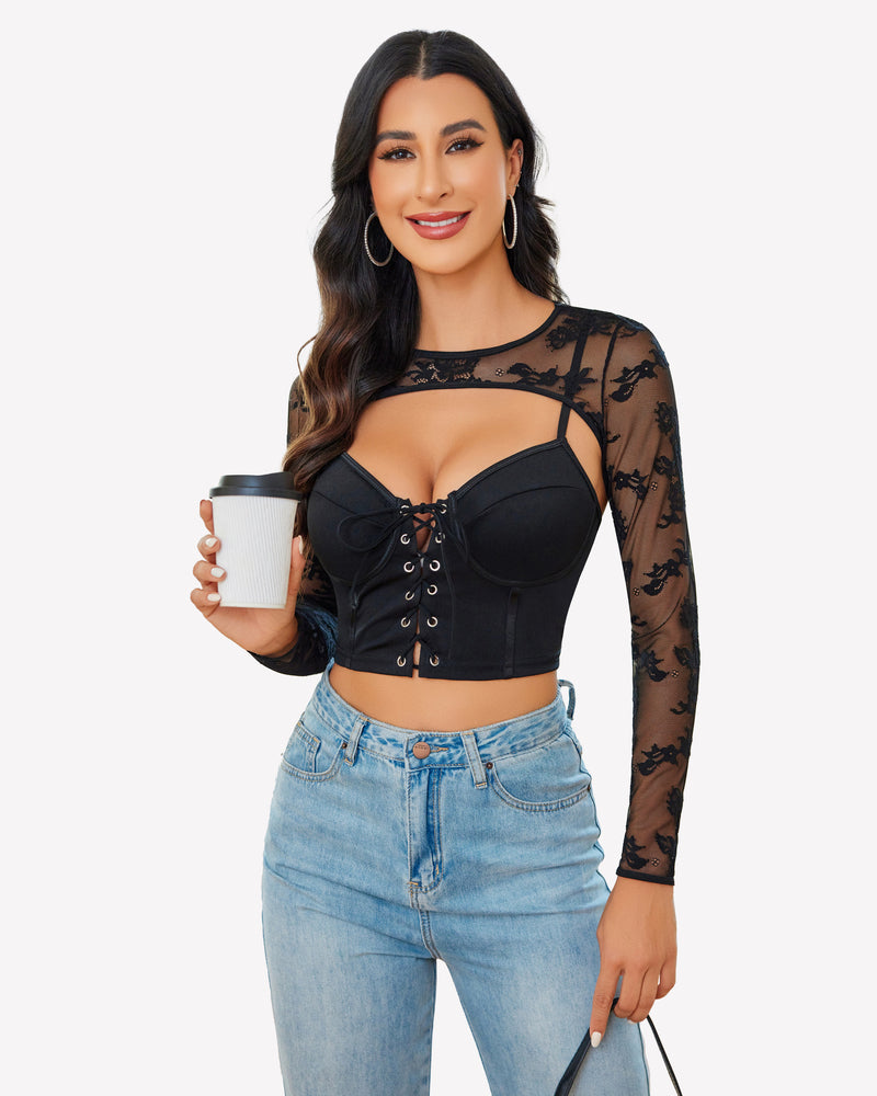 Black lace cami top with corset-style lace-up front and long sheer shrug sleeves