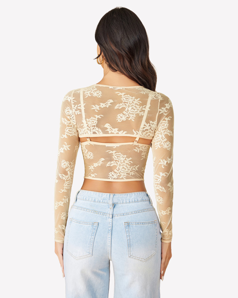Champagne lace cami top with sheer long-sleeve shrug, open back and lace overlay