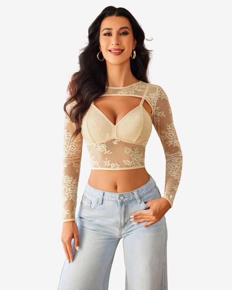 Champagne lace cami top with sheer long-sleeve shrug, underwire cups and lace trim