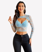 Light blue lace cami top with matching sheer shrug sleeves, scalloped lace trim