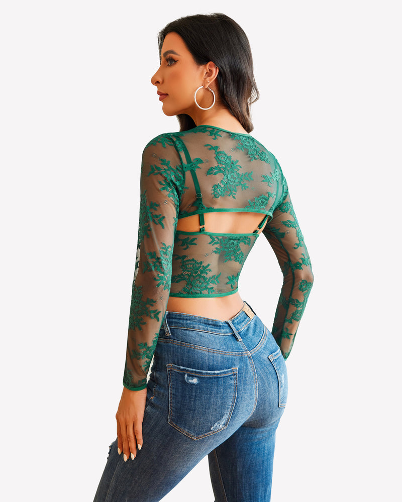 Green lace cami top with sheer long-sleeve shrug, open back with crisscross straps