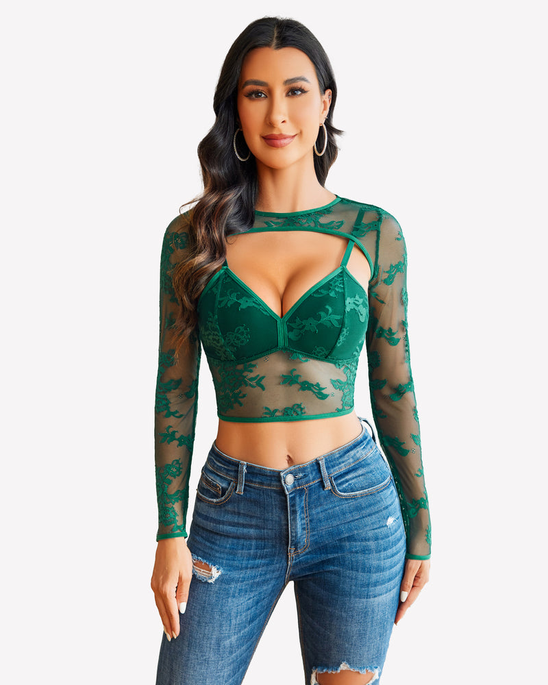 Green lace cami top with sheer long-sleeve shrug, V-neck cups and lace trim