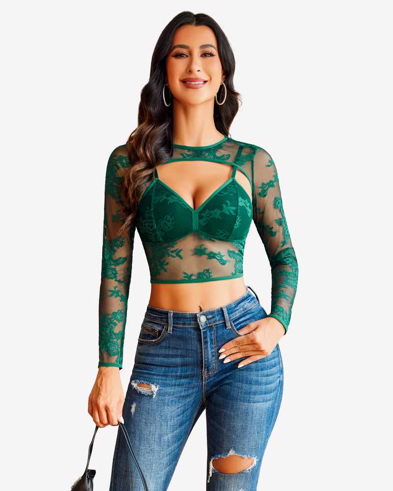 Green lace cami top with sheer long-sleeve shrug, V-neck cups and lace overlay